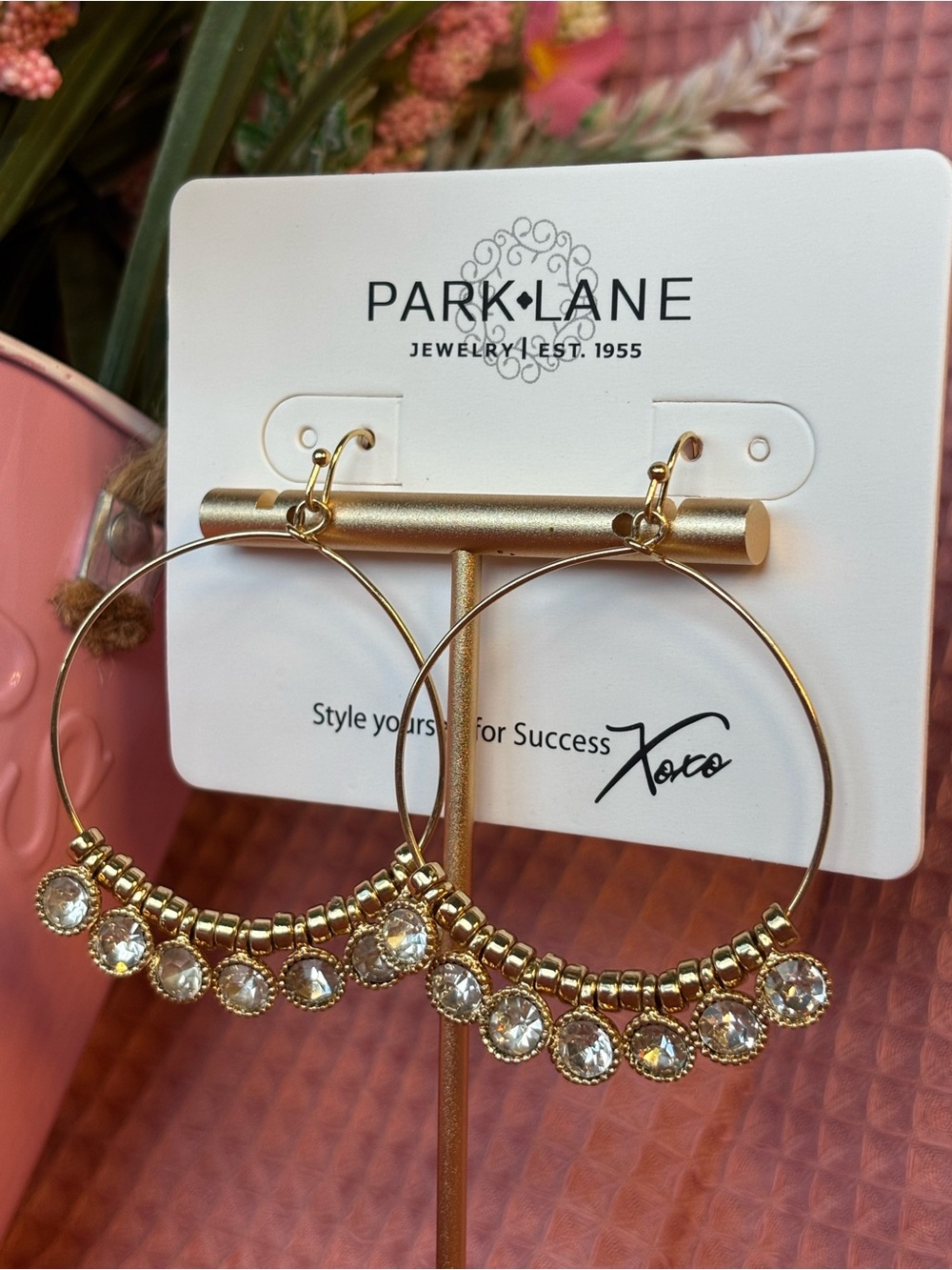 Park Lane Dazzling Gold Hoop Earrings with Clear Crystal Accents
